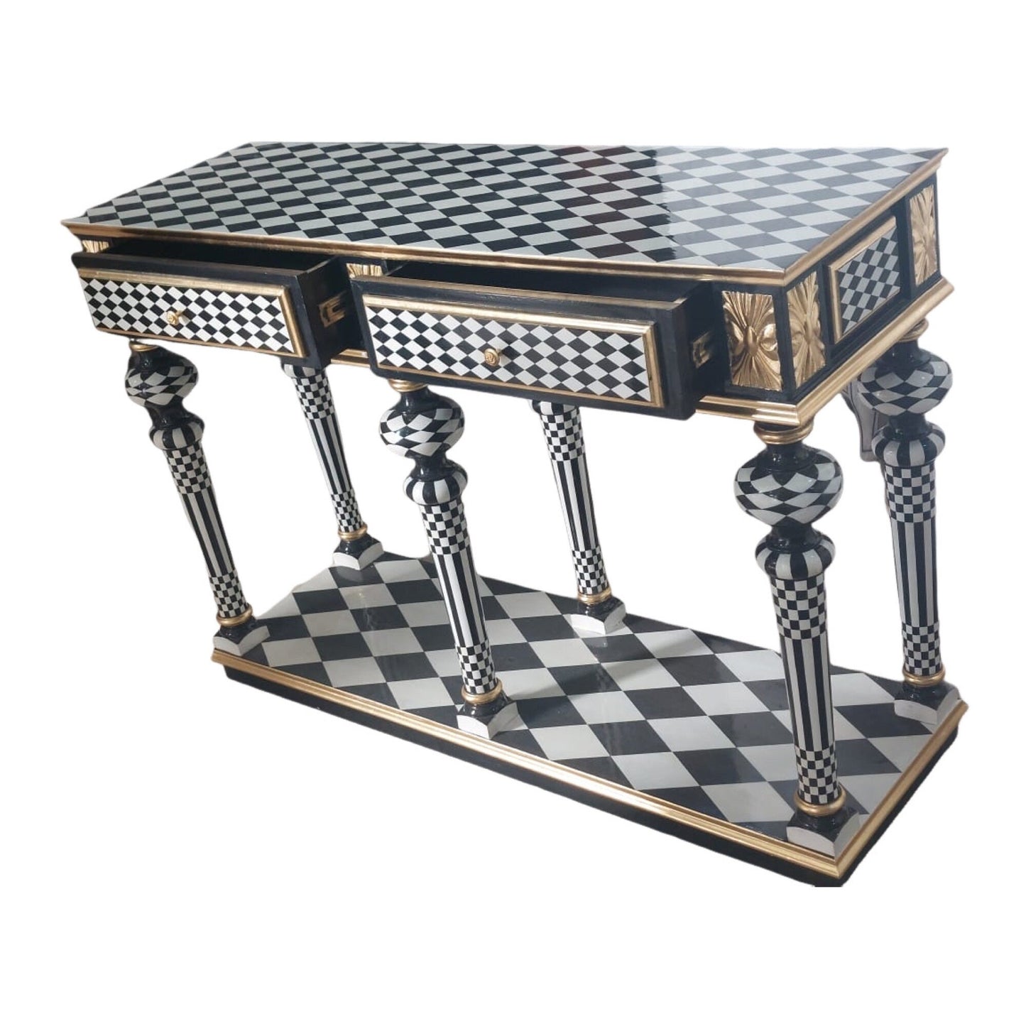 Courtly checkered Console Table-Black/white /Gold-Out Of Stock -Made to order