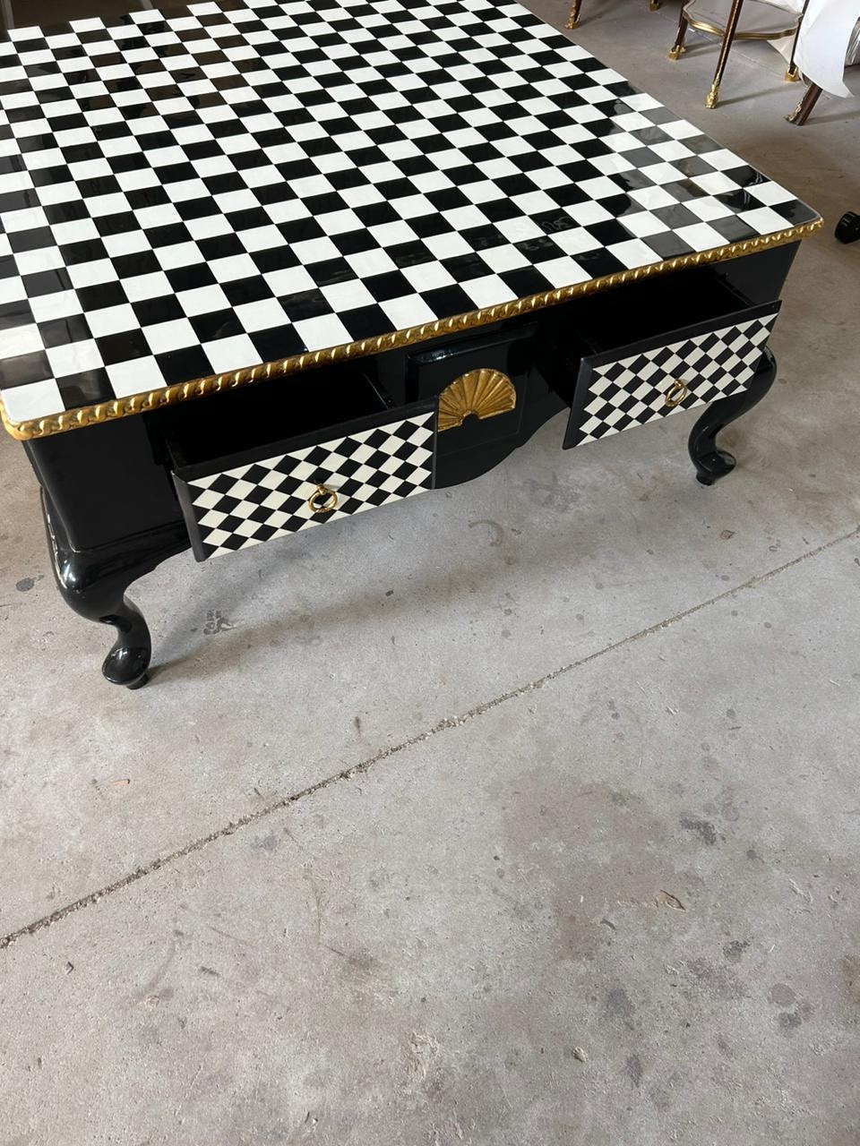 Louis XV Style Checkered Coffee Table, Giltwood Accent
