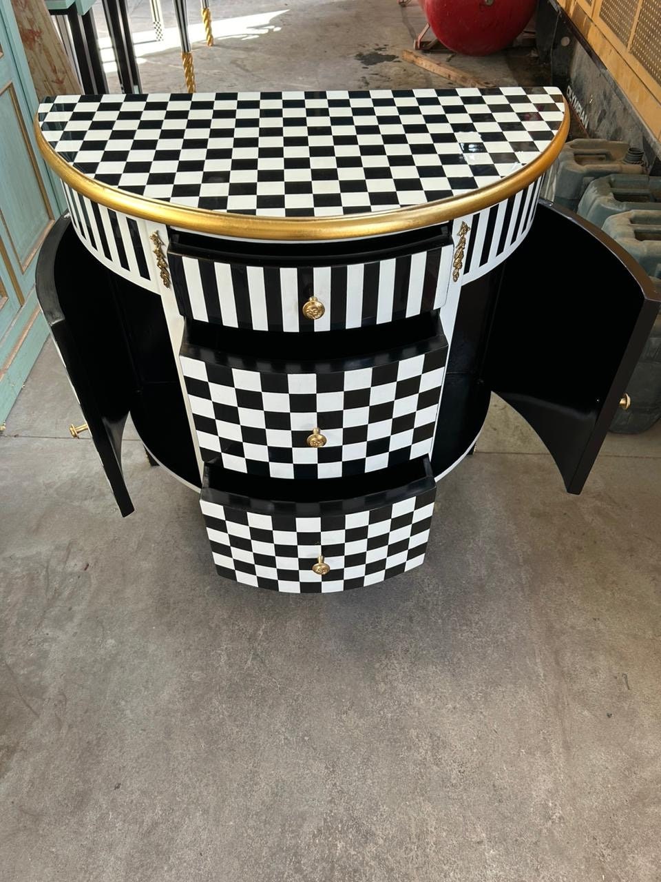 Louis XV Checkered Half Moon Side Table - Black, White & Gold