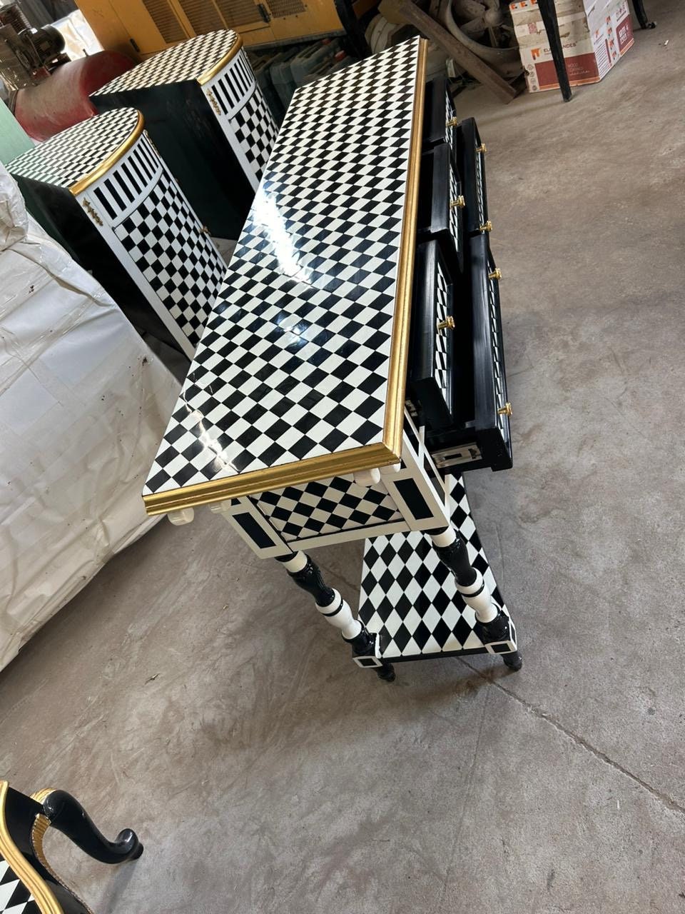 Handmade Louis XV Checkered Console Table: Black, White & Gold 5-Drawer Design