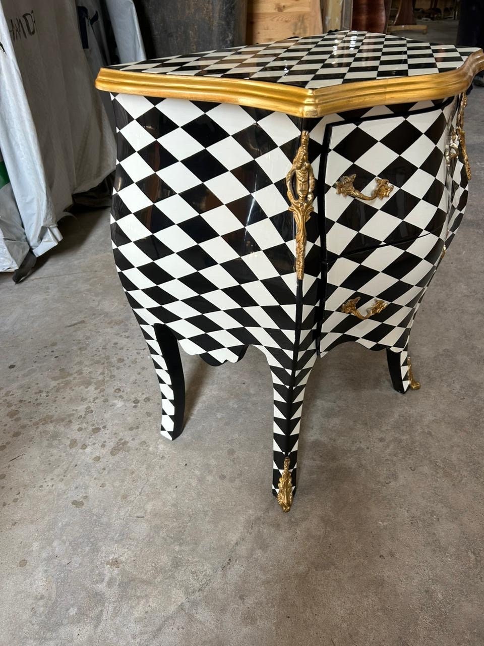 Louis XV Courtly checkered chest 2 drawers , Blk/Wht/gld— 25.5 W in-Out Of Stock -Made to order