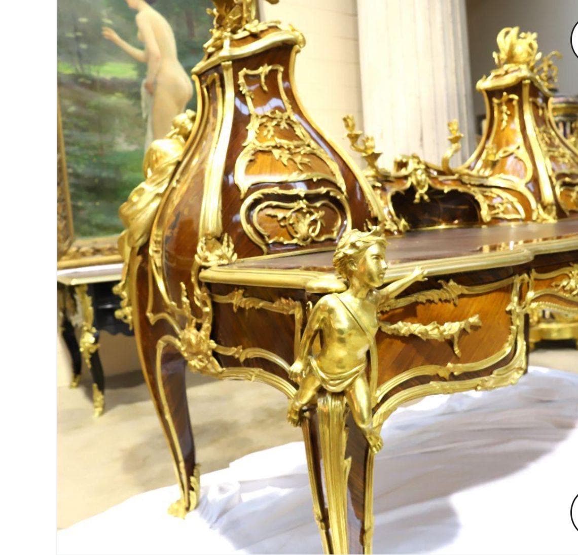 Louis XV-Style Mahogany Desk and Chair Set – Gilded Bronze, French Antique