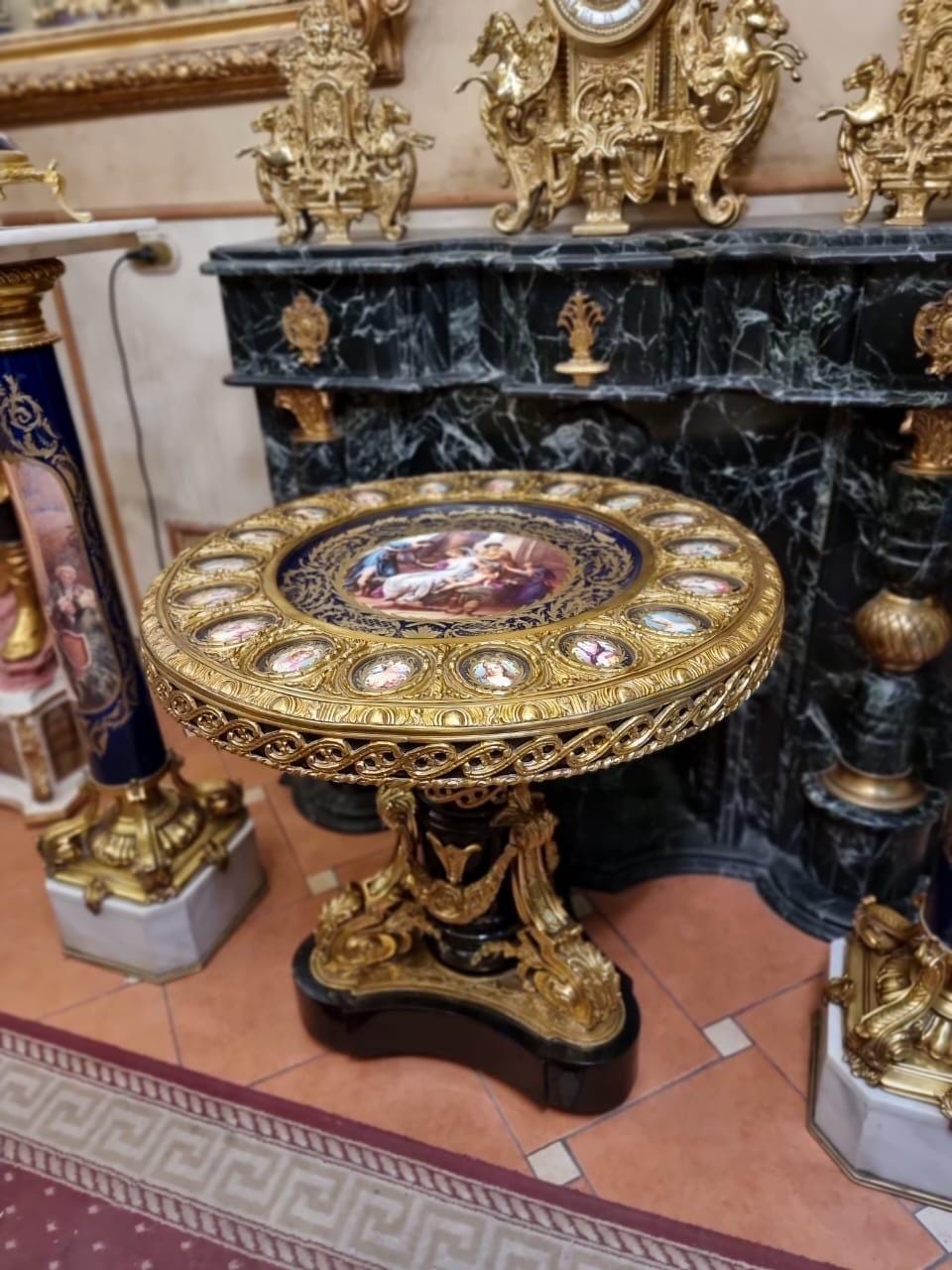 Unique Royal Salon Porcelain and Gilt Bronze Round Table – Hand-Painted with Classical Motifs