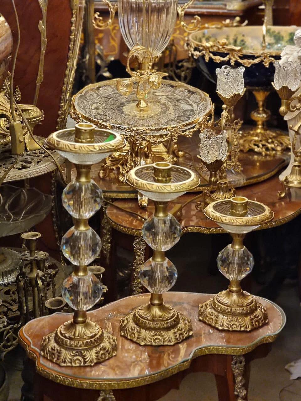 Set of 3 Ornate Crystal & Gilt Bronze Candle Holders – Vintage French Style