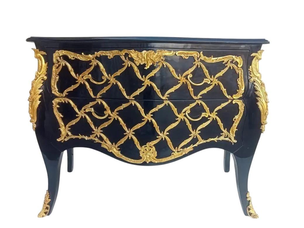 Handcrafted French Louis XV Black & Gold Bombe Chest β Ornate 2-Drawer Baroque Commode