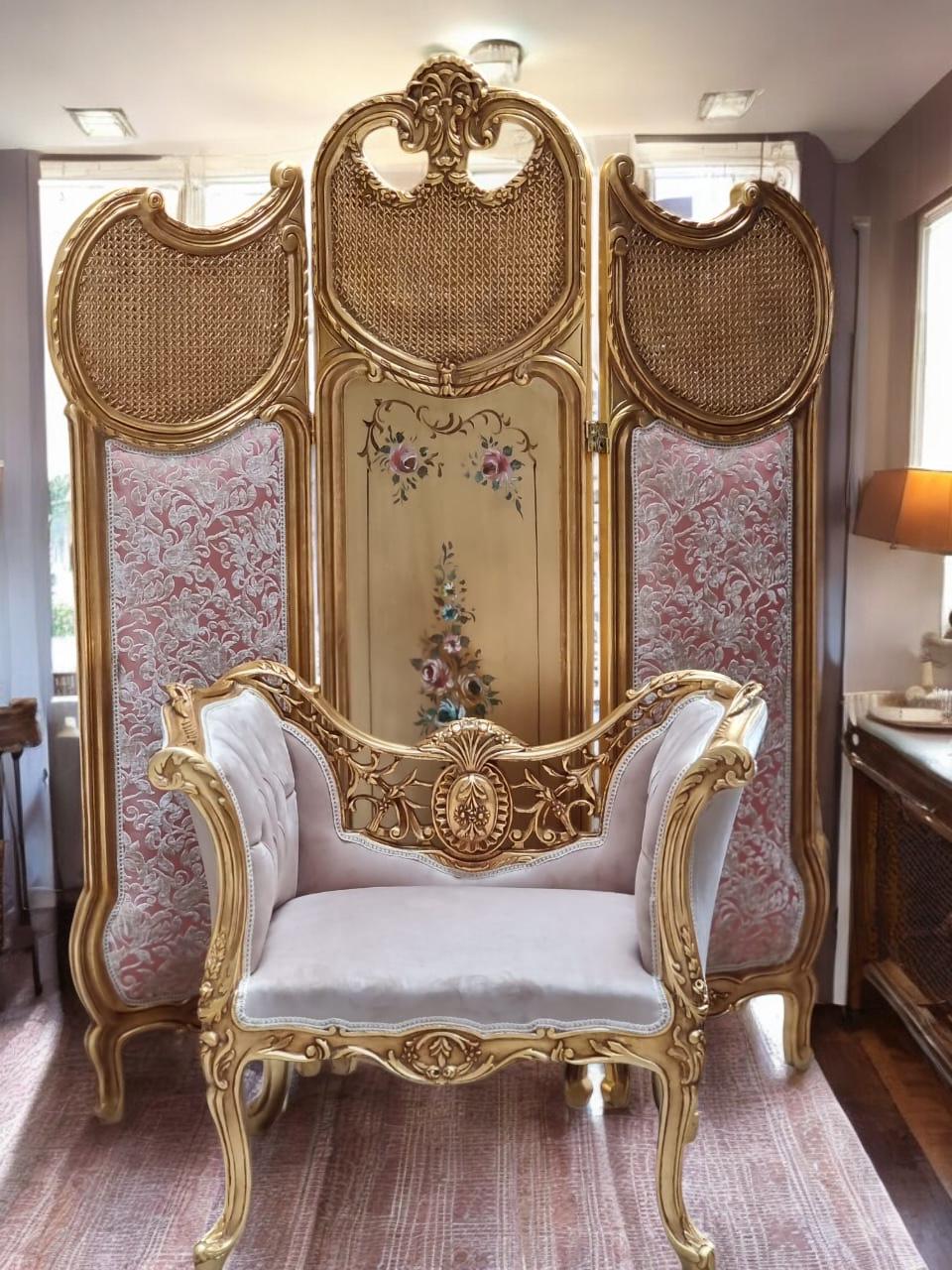 French Rococo Vanity Chair & Folding Screen Set – Hand-Carved Gold Leaf Wood with Floral Accents, Elegant Dressing Room Decor