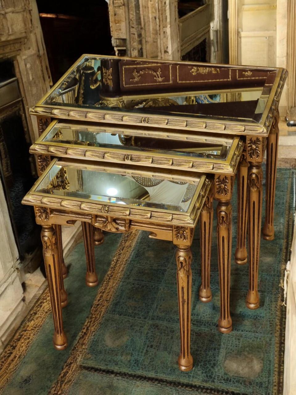 Vintage French Louis XVI Gilt Nesting Tables with Mirrored Tops – Set of 3
