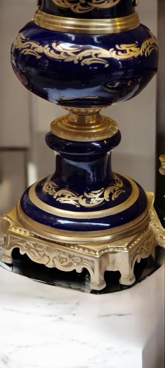 Luxury French Porcelain Urn & Centerpiece Set | Hand-Painted Rococo Style | Ormolu Gilded Bronze Accents | Available in Navy Blue- Cream