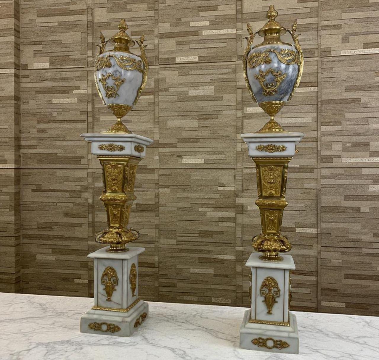 French Marble & Gilt Bronze Urns on Pedestals