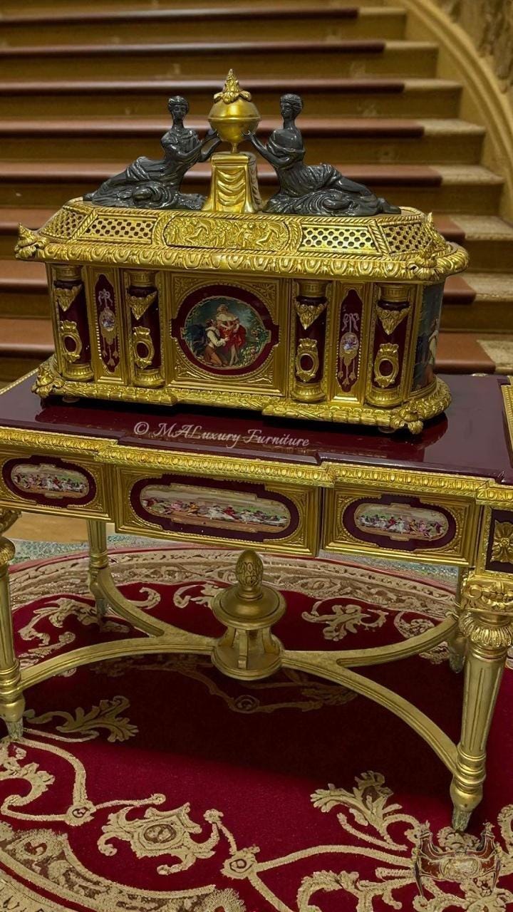 Marie Antoinette” Gilt Bronze & Porcelain Jewelry Box with Matching Table- available in 2 colors-Read DS