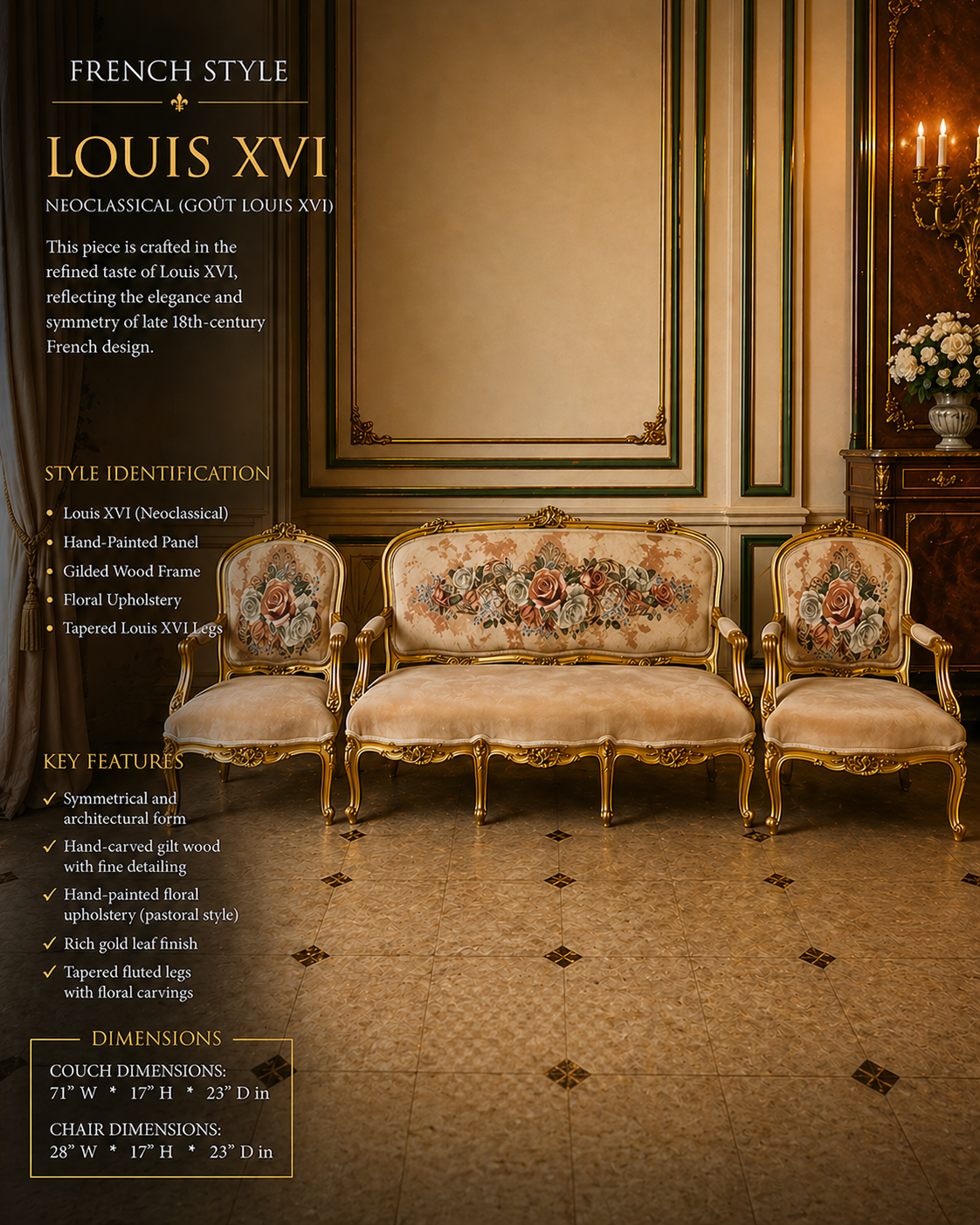 Louis XV Style Living Room Set – Gilded French Rococo Sofa & Armchairs  Floral Upholstery  (3-Piece)