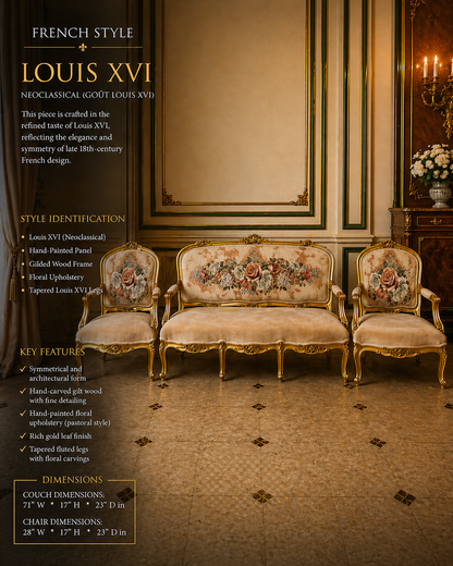 Louis XV Style Living Room Set – Gilded French Rococo Sofa & Armchairs  Floral Upholstery  (3-Piece)