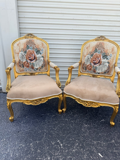 Louis XV Style Living Room Set – Gilded French Rococo Sofa & Armchairs  Floral Upholstery  (3-Piece)