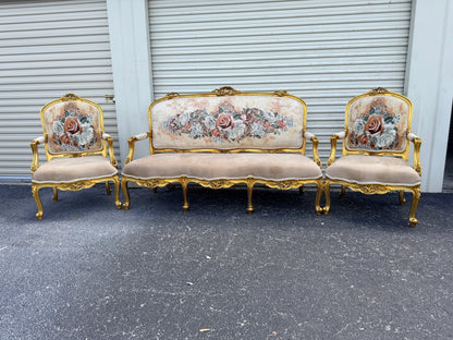 Louis XV Style Living Room Set – Gilded French Rococo Sofa & Armchairs  Floral Upholstery  (3-Piece)