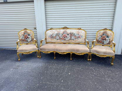 Louis XV Style Living Room Set – Gilded French Rococo Sofa & Armchairs  Floral Upholstery  (3-Piece)
