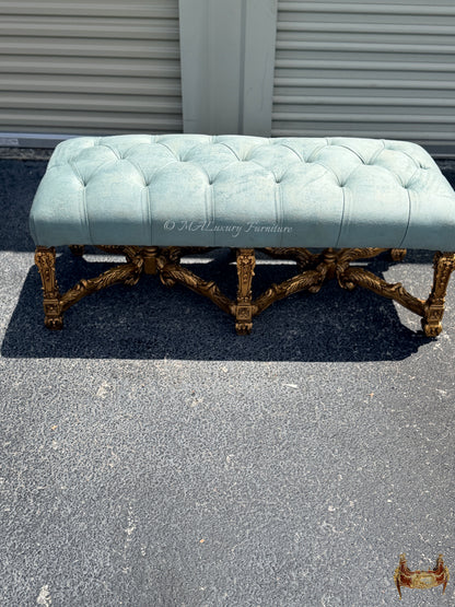Louis XV Style Bench – Gilded French Rococo Upholstered Ottoman – Luxury Entryway / Bedroom vanity Bench