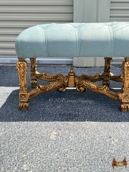 Louis XV Style Bench – Gilded French Rococo Upholstered Ottoman – Luxury Entryway / Bedroom vanity Bench