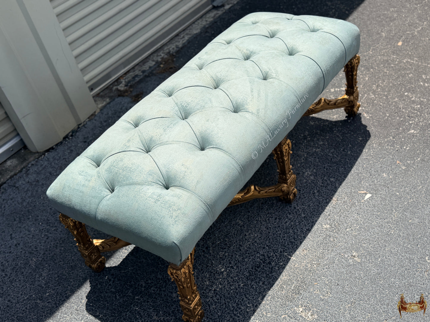 Louis XV Style Bench – Gilded French Rococo Upholstered Ottoman – Luxury Entryway / Bedroom vanity Bench