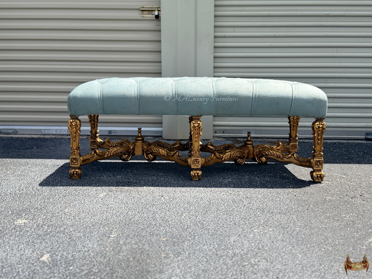Louis XV Style Bench – Gilded French Rococo Upholstered Ottoman – Luxury Entryway / Bedroom vanity Bench