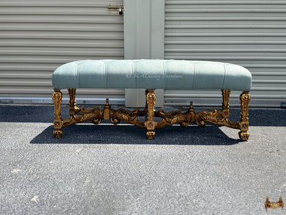Louis XV Style Bench – Gilded French Rococo Upholstered Ottoman – Luxury Entryway / Bedroom vanity Bench