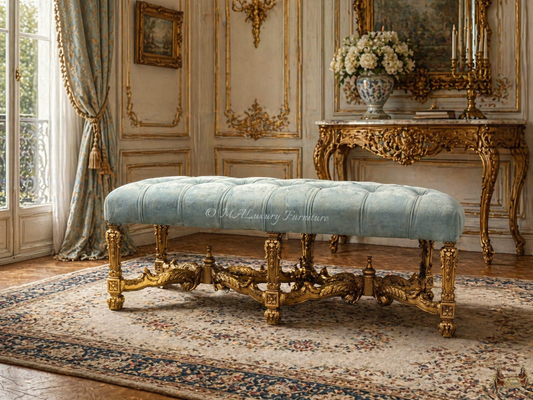 Louis XV Style Bench – Gilded French Rococo Upholstered Ottoman – Luxury Entryway / Bedroom vanity Bench