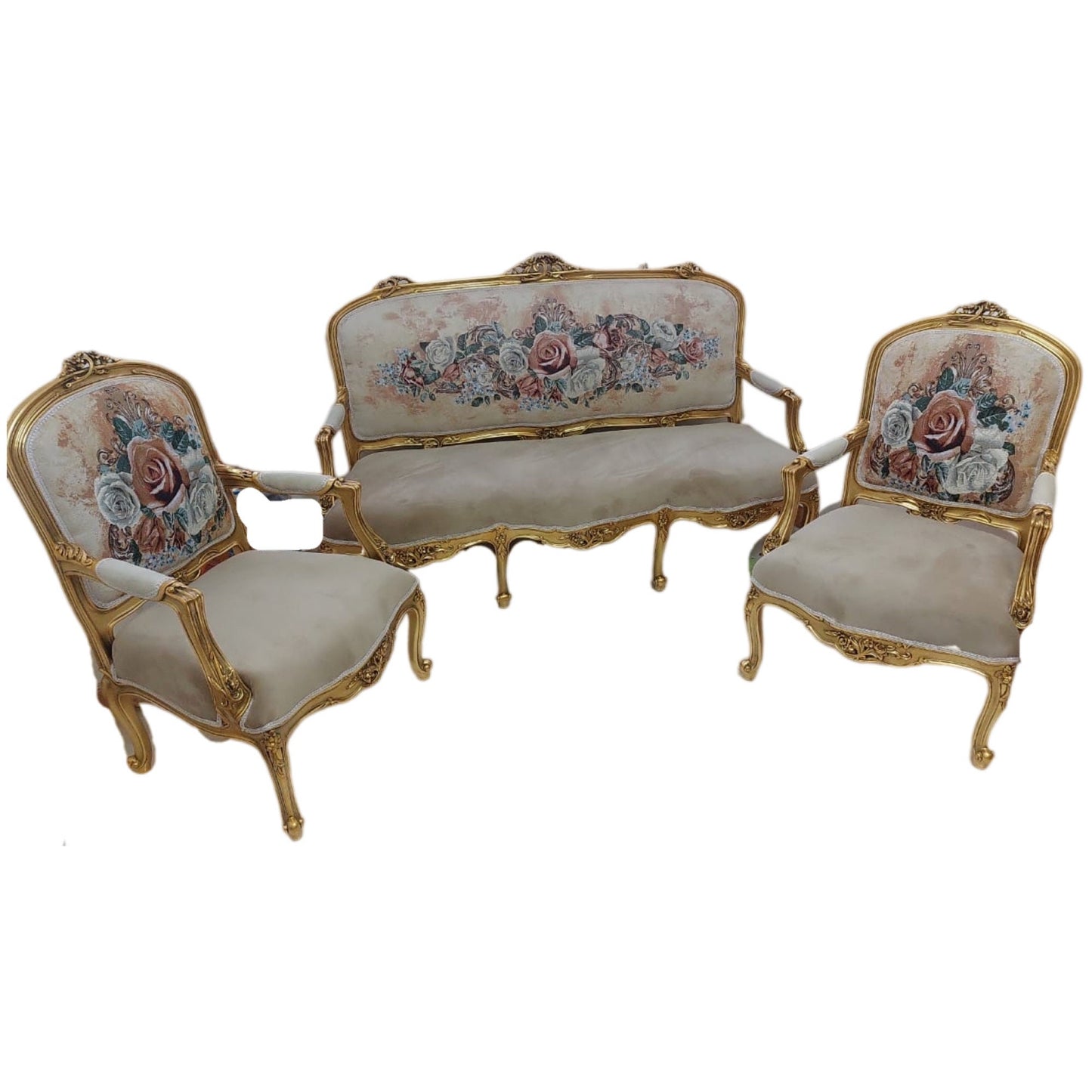 French Giltwood Settee set , Style Louis XVI, beige 19th Century ( 1 sofa + 2 chairs )