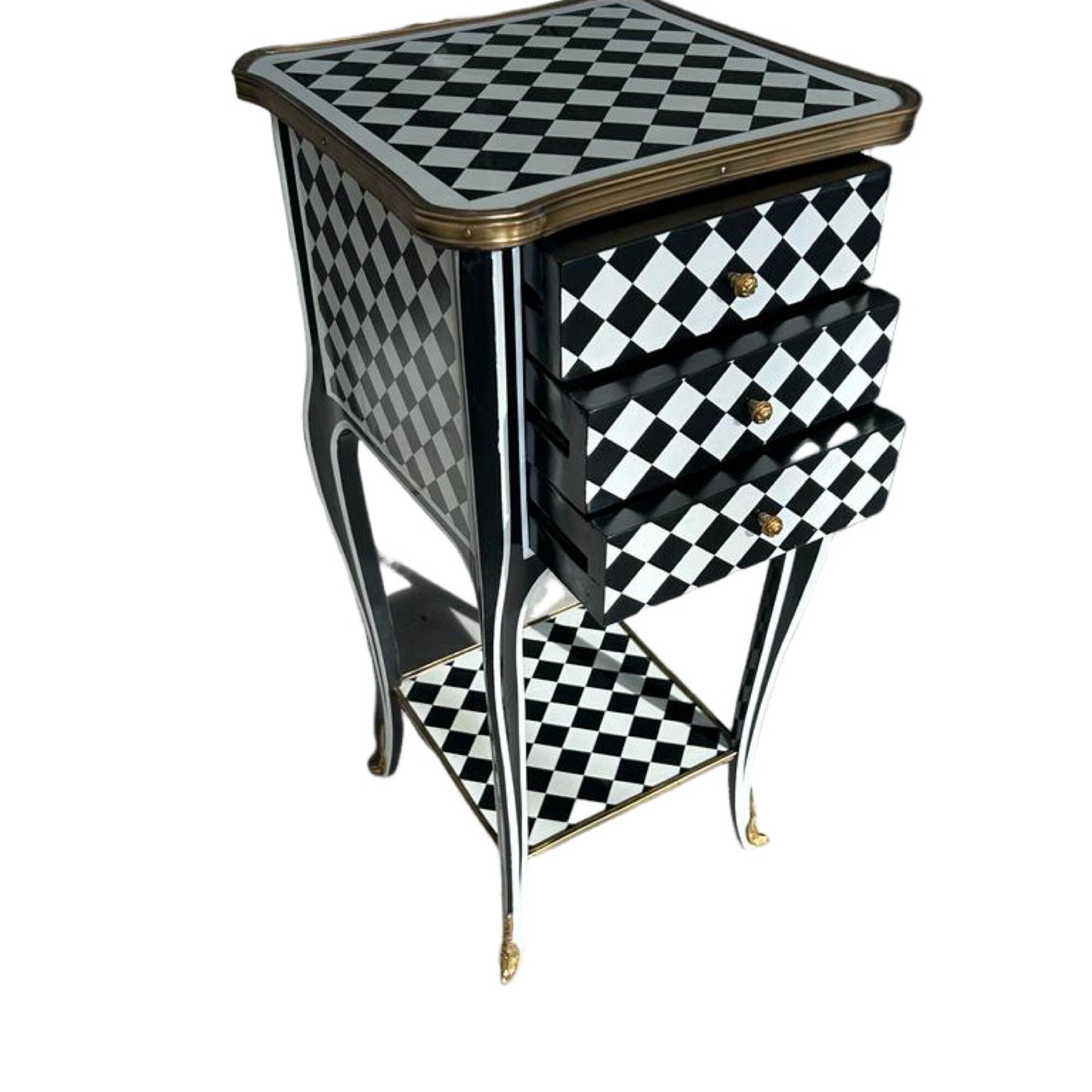 Unique Courtly checkered side table- 3 Drawers Black /white