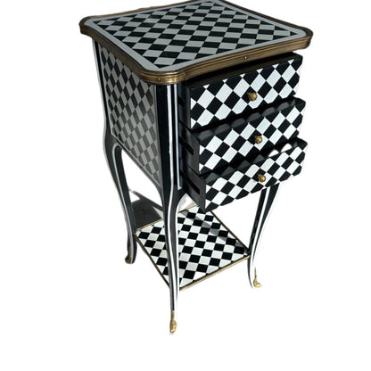Unique Courtly checkered side table- 3 Drawers Black /white