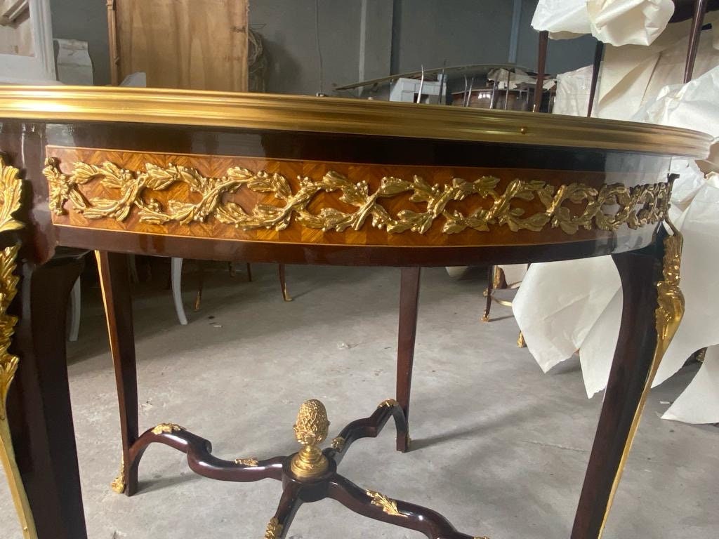 One of a kind French Marquetry Accent Round Table With gilded Bronze Mounts, Louis XVI Style-Out Of Stock -Made to order