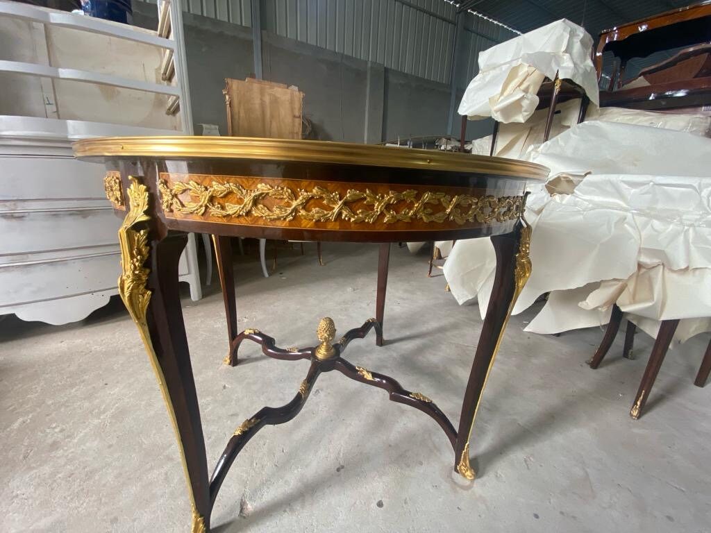 One of a kind French Marquetry Accent Round Table With gilded Bronze Mounts, Louis XVI Style-Out Of Stock -Made to order