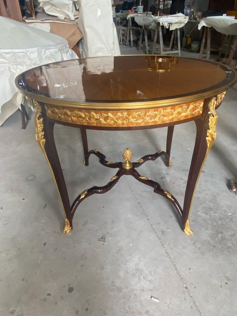 One of a kind French Marquetry Accent Round Table With gilded Bronze Mounts, Louis XVI Style-Out Of Stock -Made to order