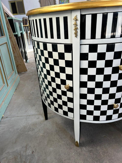 Louis XV Half Moon Side Table Furniture checkered style - blk/wht/gld-Out Of Stock -Made to order
