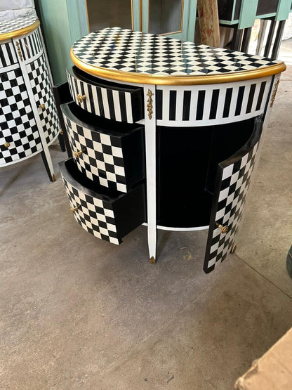 Louis XV Half Moon Side Table Furniture checkered style - blk/wht/gld-Out Of Stock -Made to order