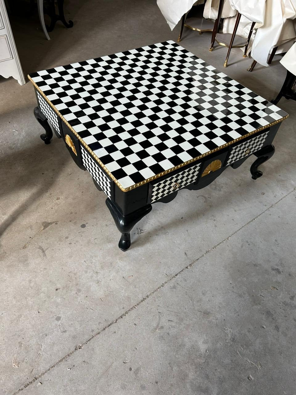 Louis XV style giltwood checkered table , blk/wht/gld 4 drawers-Out Of Stock -Made to order