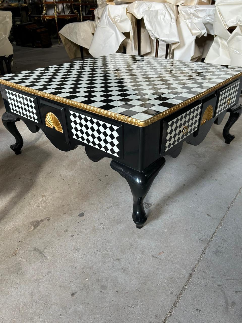 Louis XV style giltwood checkered table , blk/wht/gld 4 drawers-Out Of Stock -Made to order