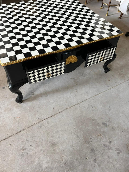 Louis XV style giltwood checkered table , blk/wht/gld 4 drawers-Out Of Stock -Made to order