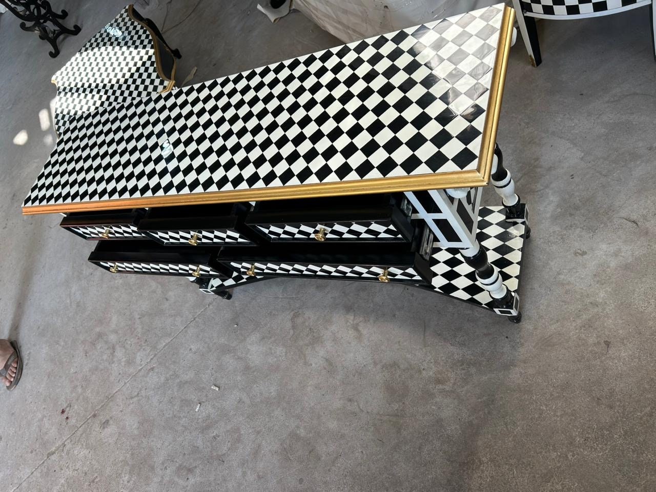Unique Louis XV Courtly checkered Handmade 5 drawers console Table- Blk|Wht|gld-Out Of Stock -Made to order