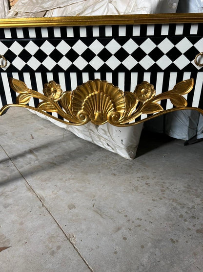 Unique Louis XV Courtly checkered Handmade 3 drawers console Table- Blk|Wht|gld