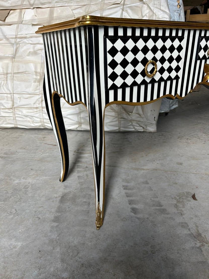 Unique Louis XV Courtly checkered Handmade 3 drawers console Table- Blk|Wht|gld