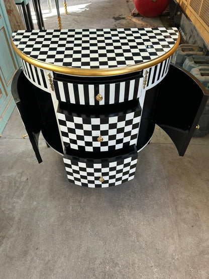 Louis XV Half Moon Side Table Furniture checkered style - blk/wht/gld-Out Of Stock -Made to order