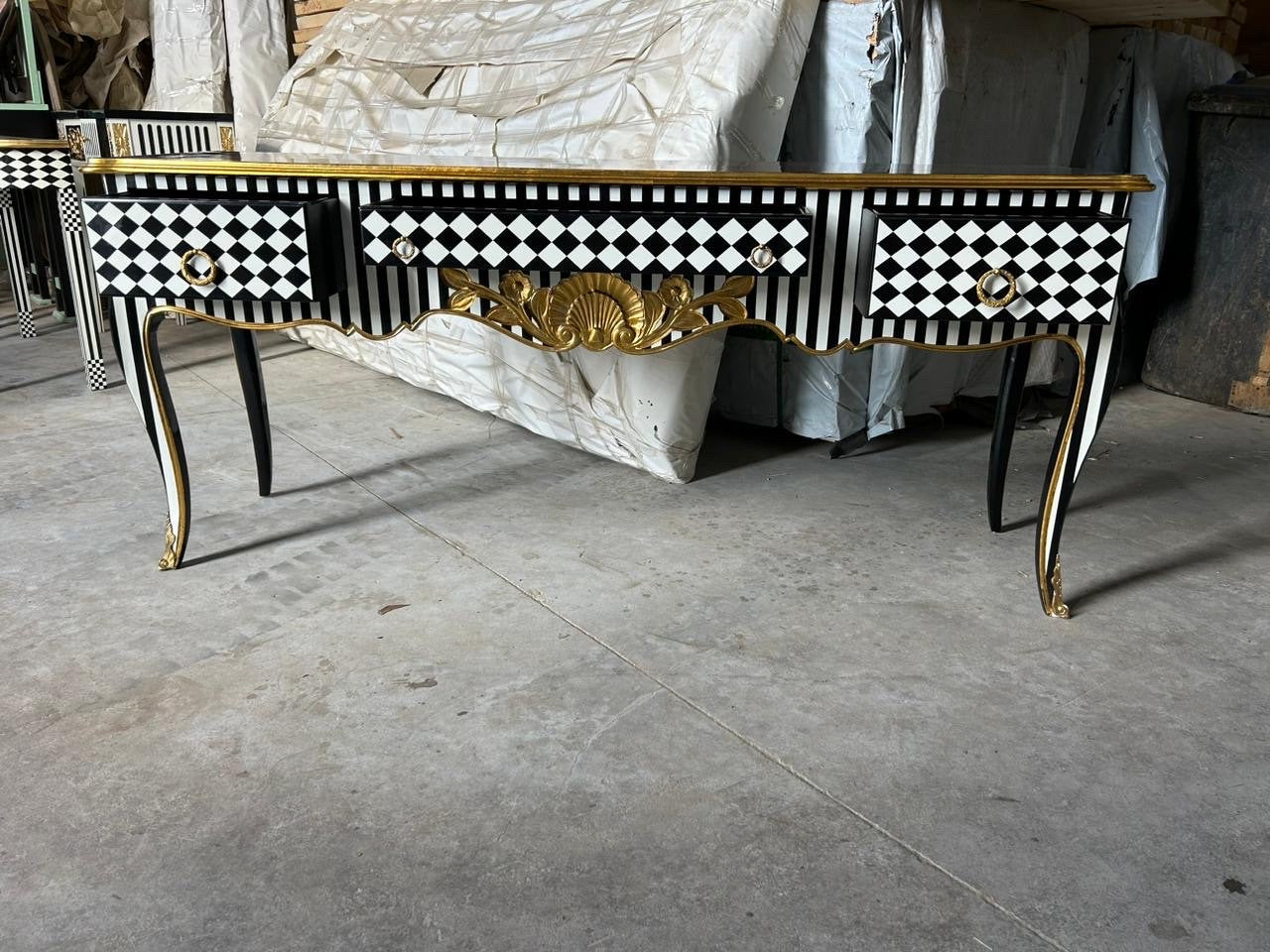 Unique Louis XV Courtly checkered Handmade 3 drawers console Table- Blk|Wht|gld