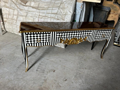 Unique Louis XV Courtly checkered Handmade 3 drawers console Table- Blk|Wht|gld