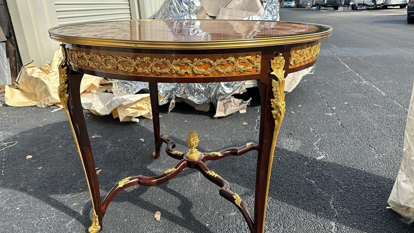 One of a kind French Marquetry Accent Round Table With gilded Bronze Mounts, Louis XVI Style-Out Of Stock -Made to order