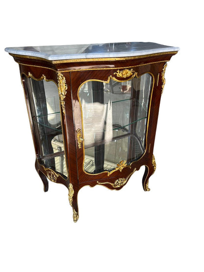 Unique Louis XV Glass baby Cabinet Mahogany Bronze Marble Top-Out Of Stock -Made to order