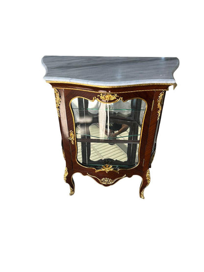 Unique Louis XV Glass baby Cabinet Mahogany Bronze Marble Top-Out Of Stock -Made to order