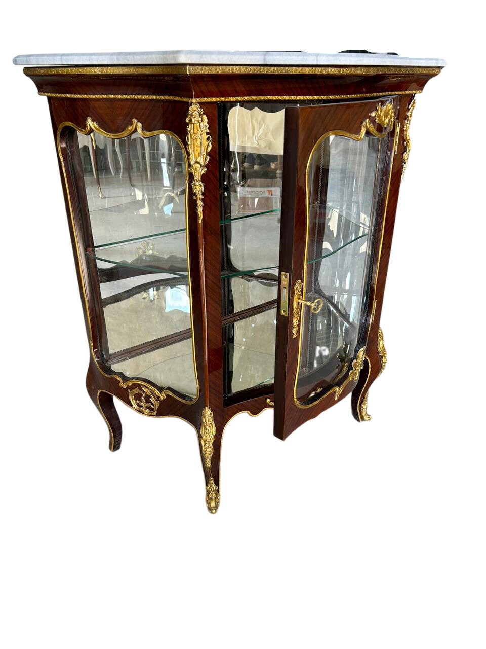 Unique Louis XV Glass baby Cabinet Mahogany Bronze Marble Top-Out Of Stock -Made to order