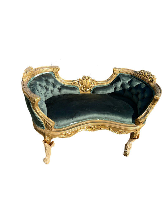 Luxury French mini gilt wood sofa green suede-Out Of Stock -Made to order