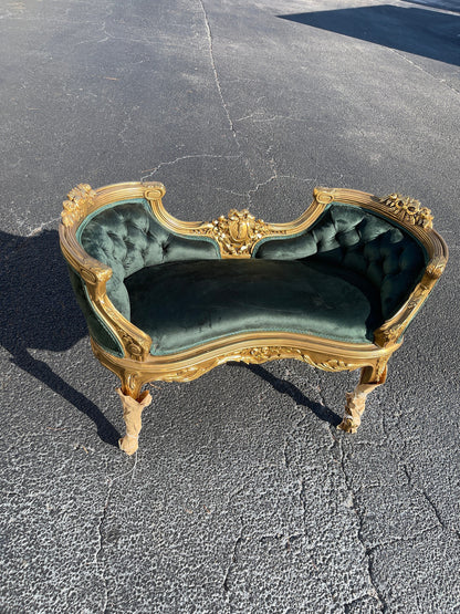 Luxury French mini gilt wood sofa green suede-Out Of Stock -Made to order