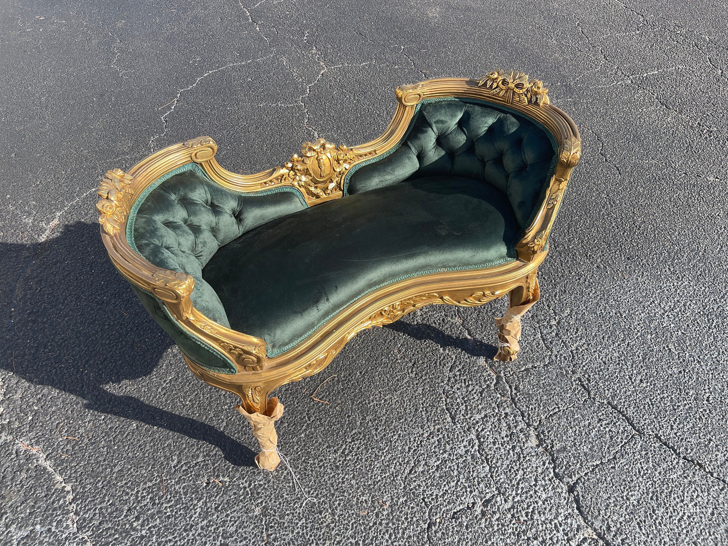 Luxury French mini gilt wood sofa green suede-Out Of Stock -Made to order