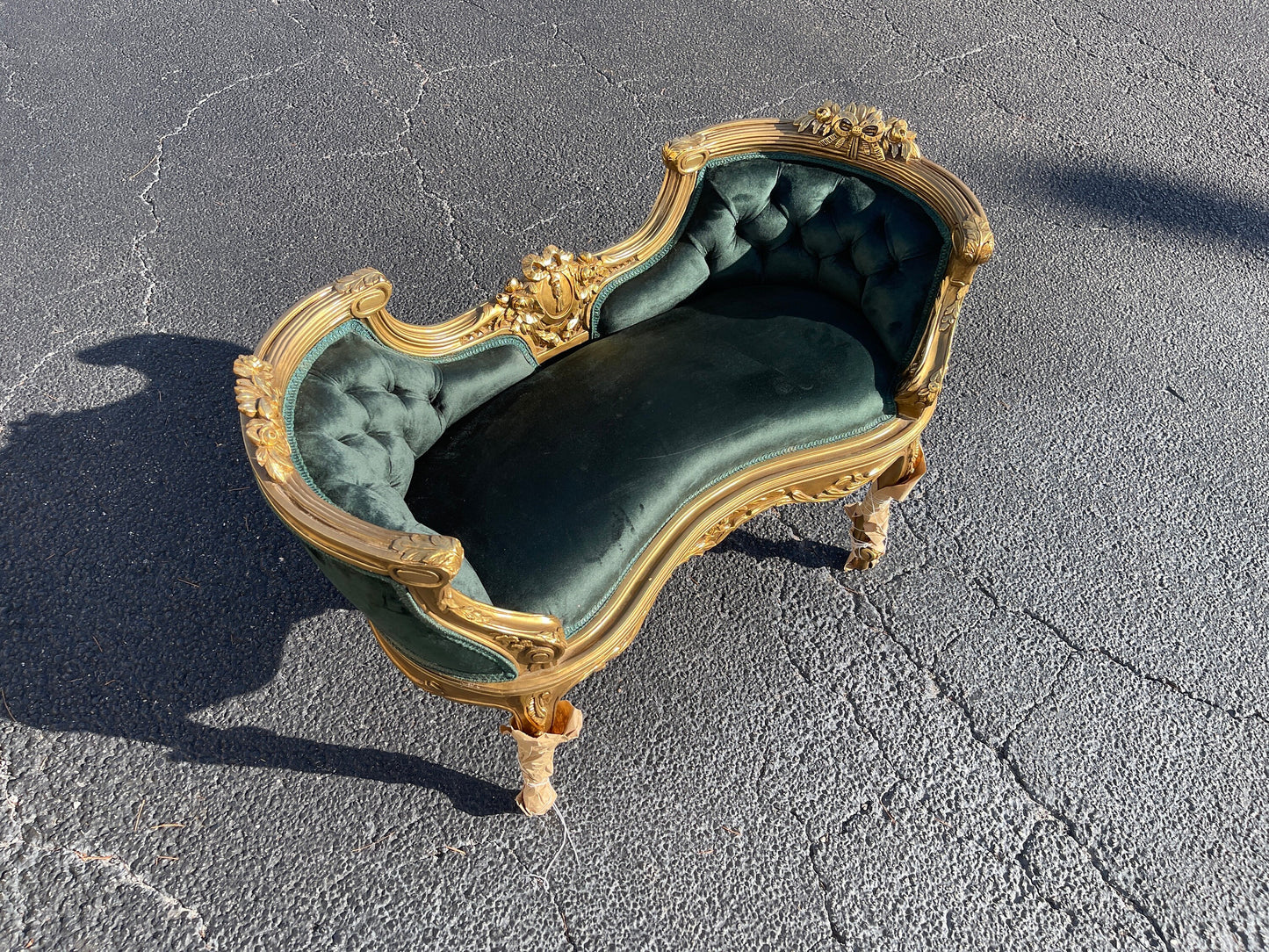 Luxury French mini gilt wood sofa green suede-Out Of Stock -Made to order